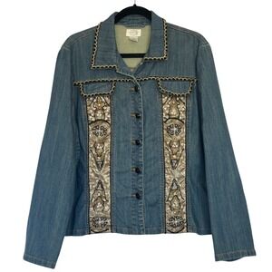 Womens XL Blue Denim‎ Jacket Sequin Beaded Embroidered Boho Trucker Coat